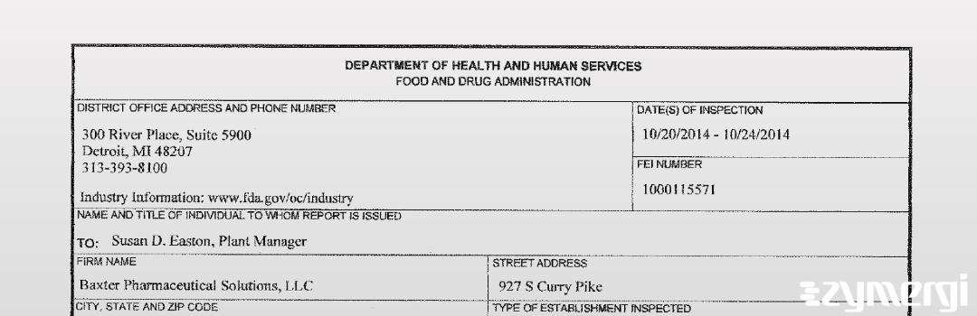 FDANews 483 Baxter Pharmaceutical Solutions, LLC Oct 24 2014 top