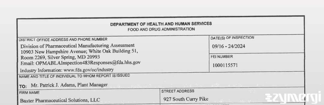 FDANews 483 Baxter Pharmaceutical Solutions, LLC Feb 20 2024 top
