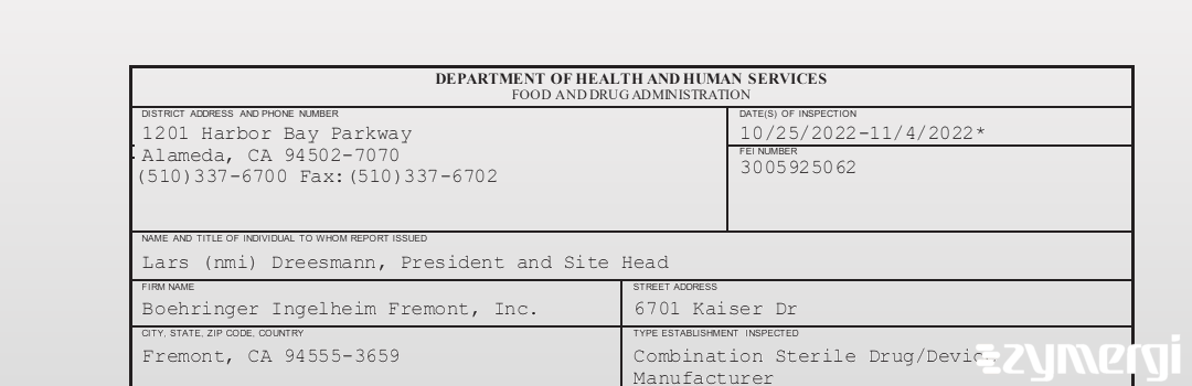 FDANews 483 Boehringer Ingelheim Fremont, Inc. Nov 4 2022 top