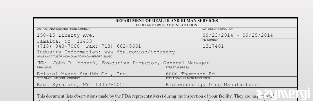 FDANews 483 Bristol-Myers Squibb Co., Inc. Sep 25 2014 top