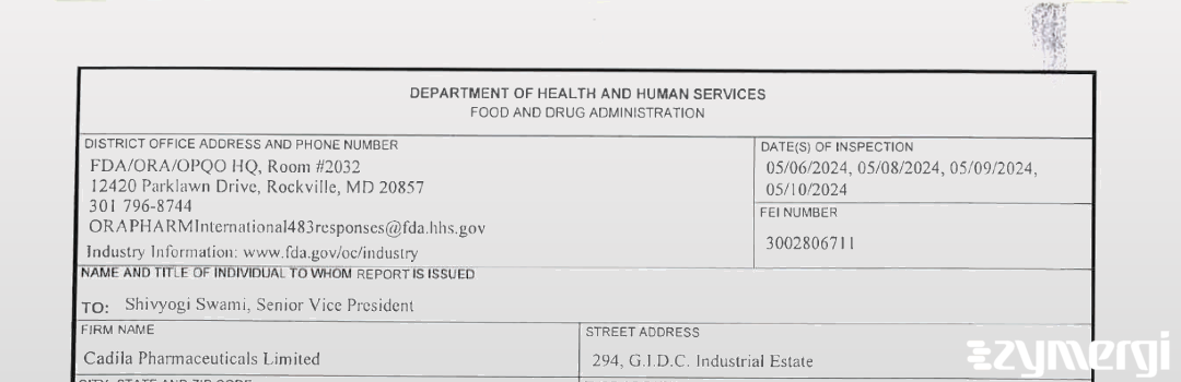 FDANews 483 Cadila Pharmaceuticals Limited May 10 2024 top