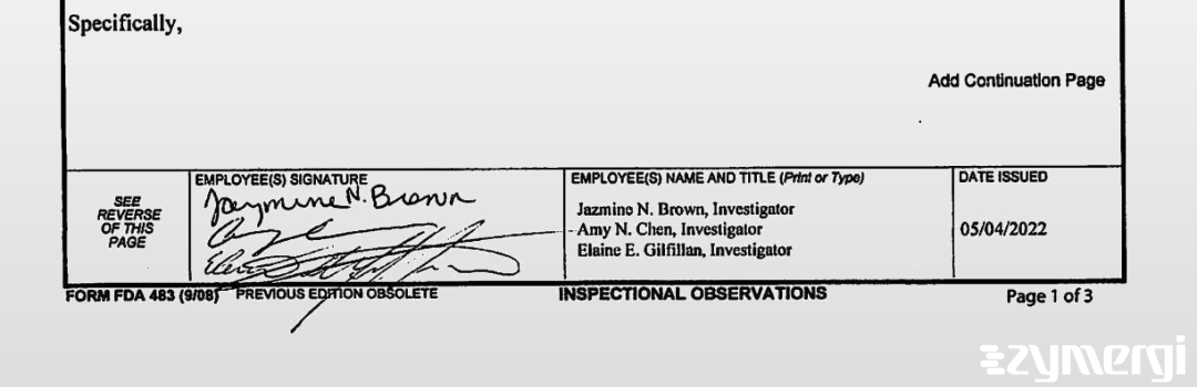 Jazmine N. Brown FDA Investigator Amy N. Chen FDA Investigator Elaine E. Gilfillan FDA Investigator