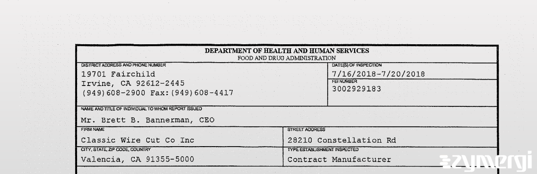 FDANews 483 Classic Wire Cut Co Inc Jul 20 2018 top