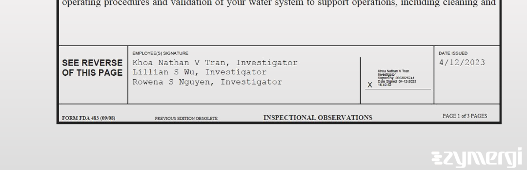 Khoa Nathan Tran FDA Investigator Lillian S. Wu FDA Investigator Rowena S. Nguyen FDA Investigator Tran, Khoa Nathan V FDA Investigator 