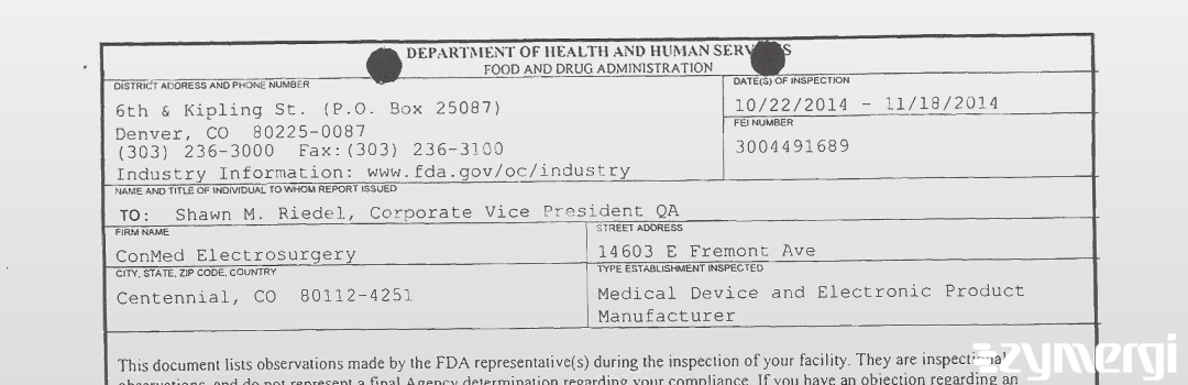 FDANews 483 ConMed Electrosurgery Nov 18 2014 top