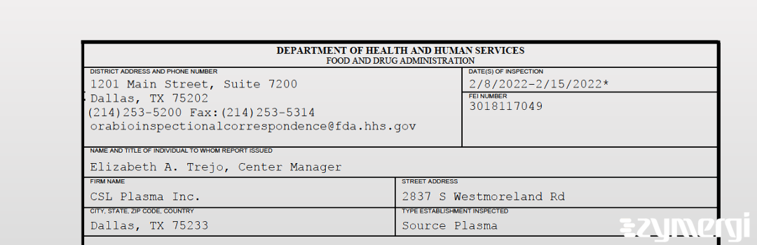 FDANews 483 CSL Plasma Inc. Feb 15 2022 top