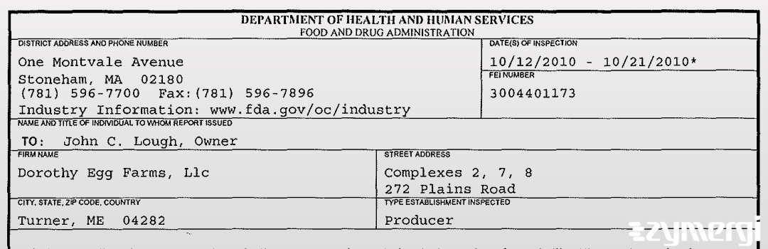 FDANews 483 Dorothy Egg Farms, Llc Oct 21 2010 top