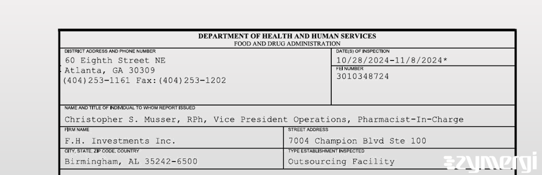 FDANews 483 F.H. Investments Inc. dba Asteria Health Nov 8 2024 top