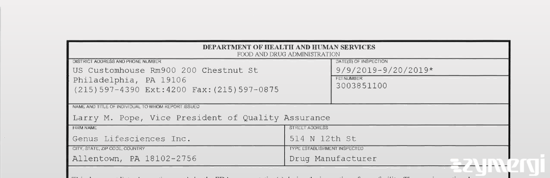 FDANews 483 GENUS LIFESCIENCES INC Sep 20 2019 top