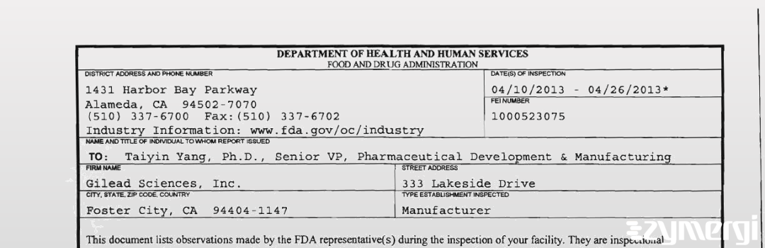 FDANews 483 Gilead Sciences Inc Apr 26 2013 top