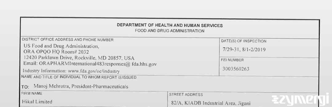 FDANews 483 Hikal Limited Aug 2 2019 top