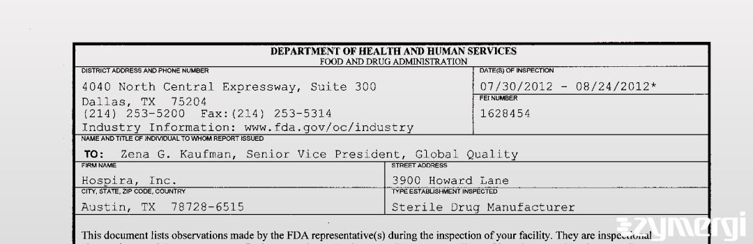 FDANews 483 Hospira, Inc. Aug 24 2012 top