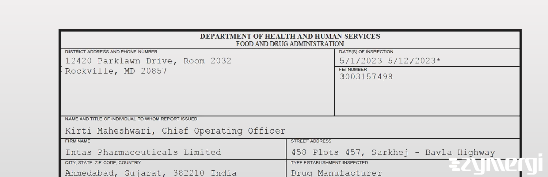 FDANews 483 Intas Pharmaceuticals Limited May 12 2023 top