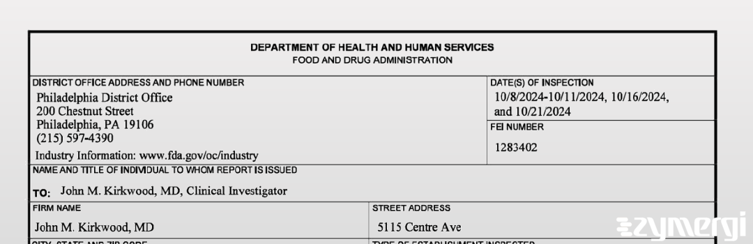 FDANews 483 John M. Kirkwood, MD Oct 21 2024 top