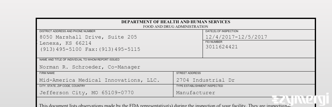 FDANews 483 Mid-America Medical Innovations, LLC. Dec 5 2017 top