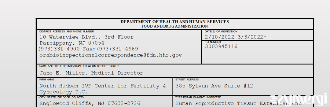 FDANews 483 North Hudson IVF Center for Fertility & Gynecology P.C. Mar 3 2022 top