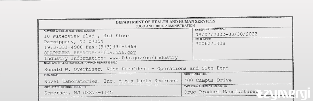 FDANews 483 Novel Laboratories, Inc. d.b.a Lupin Somerset Mar 30 2022 top