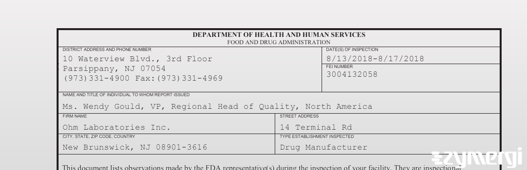 FDANews 483 Ohm Laboratories, Inc. Aug 17 2018 top