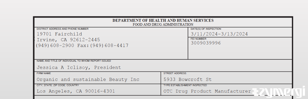 FDANews 483 Organic and sustainable Beauty Inc Mar 13 2024 top