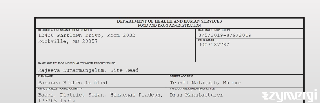 FDANews 483 Panacea Biotec Limited Aug 9 2019 top