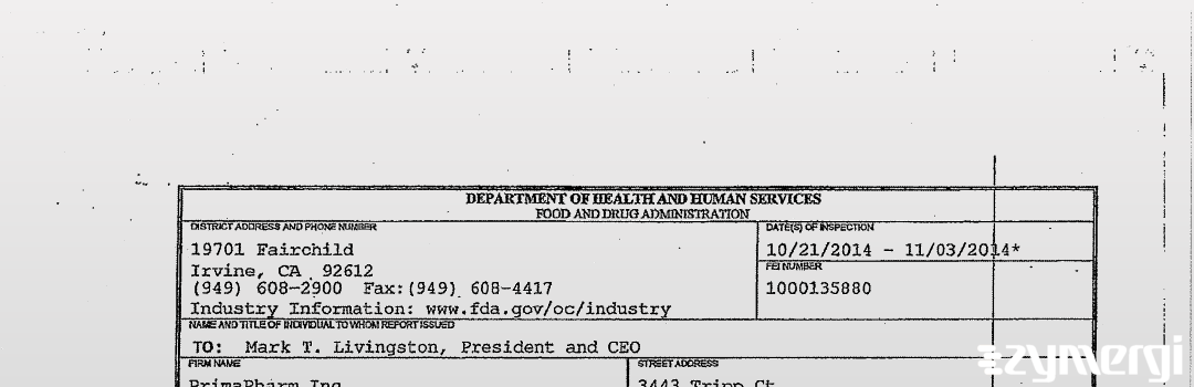 FDANews 483 PrimaPharm Inc Nov 3 2014 top