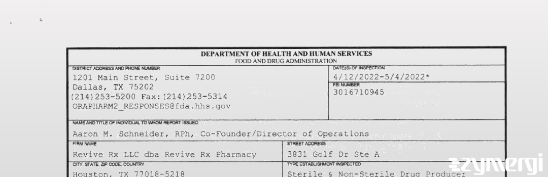 FDANews 483 Revive Rx LLC dba Revive Rx Pharmacy May 4 2022 top