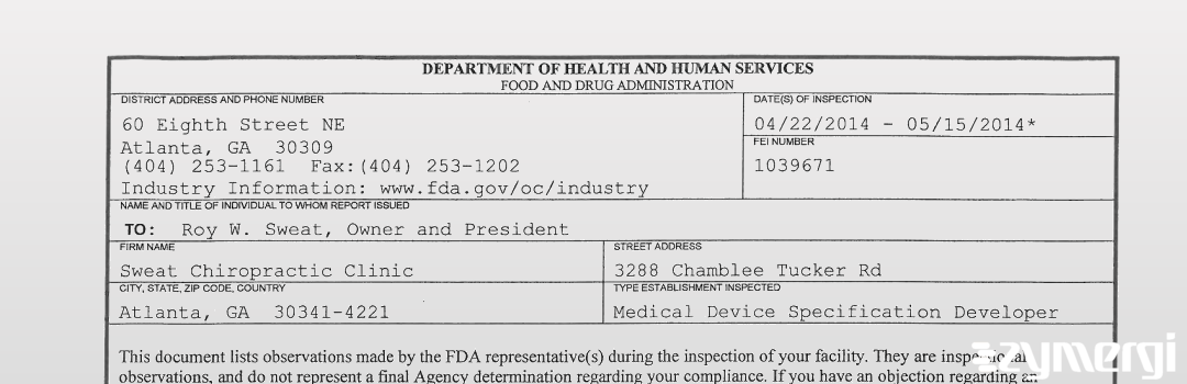 FDANews 483 Sweat Chiropractic Clinic May 15 2014 top