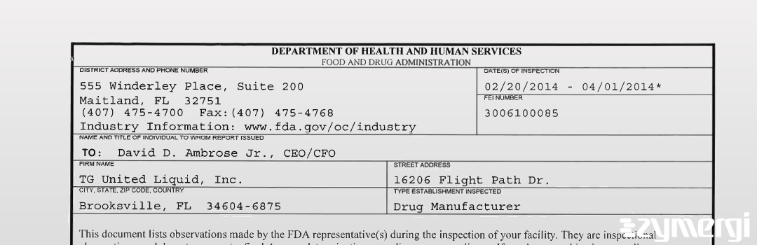 FDANews 483 TG United Labs, LLC Apr 1 2014 top