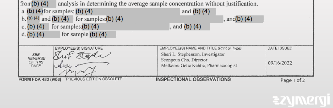 Sheri L. Stephenson FDA Investigator Seongeun Cho FDA Investigator Melkamu Getie Kebtie FDA Investigator