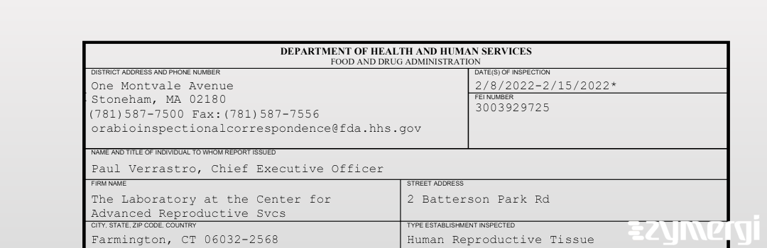 FDANews 483 The Laboratory at the Center for Advanced Reproductive Svcs Feb 15 2022 top