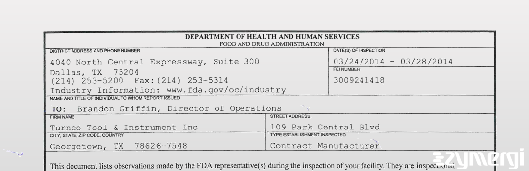 FDANews 483 Turnco Tool & Instrument, Inc. Mar 28 2014 top