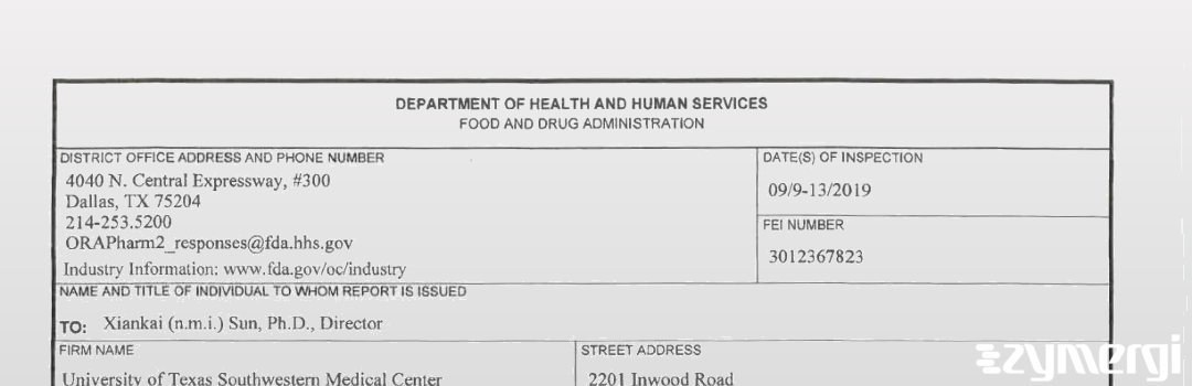 FDANews 483 University of Texas Southwestern Medical Center, The Sep 13 2019 top