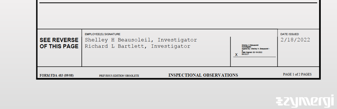 Shelley H. Beausoleil FDA Investigator Richard L. Bartlett FDA Investigator 