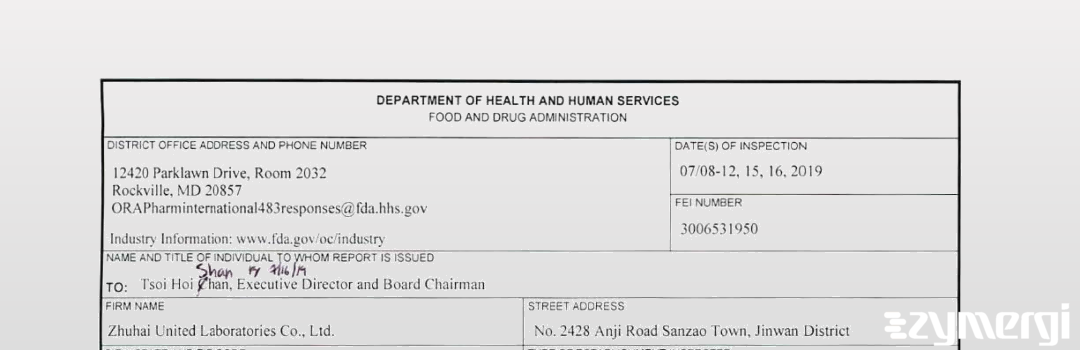 FDANews 483 Zhuhai United Laboratories Co. Ltd. Jul 16 2019 top