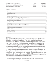 FDA EIR Carolina Sports and Orthopedics Sales | Mar 2023